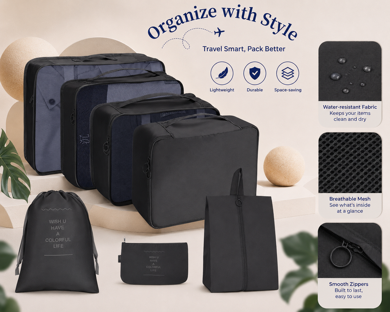 Packing Cubes Luggage Storage Organiser Travel Compression Suitcase Bags 7pcs