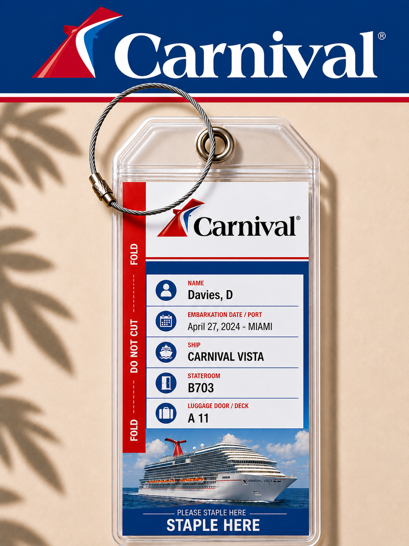 CARNIVAL CRUISE LINES Luggage Tag Holder - Clear Waterproof - Zip Seal and Steel Loop