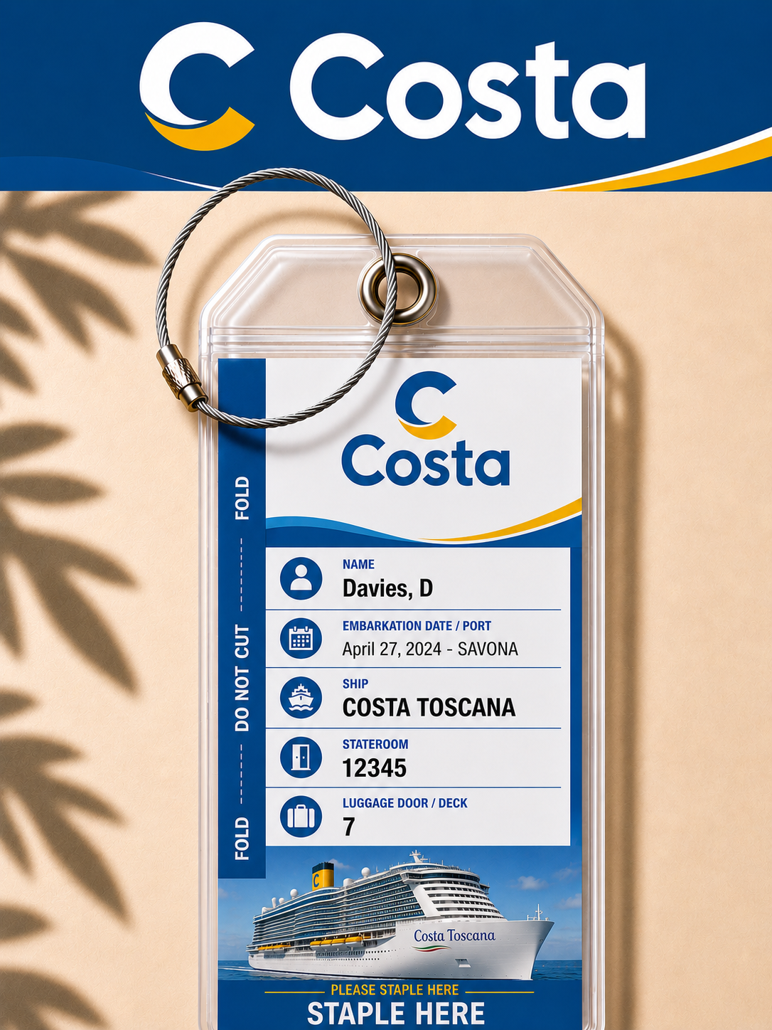 COSTA CRUISES Cruise Luggage Tag Holder - Clear Waterproof - Zip Seal and Steel Loop