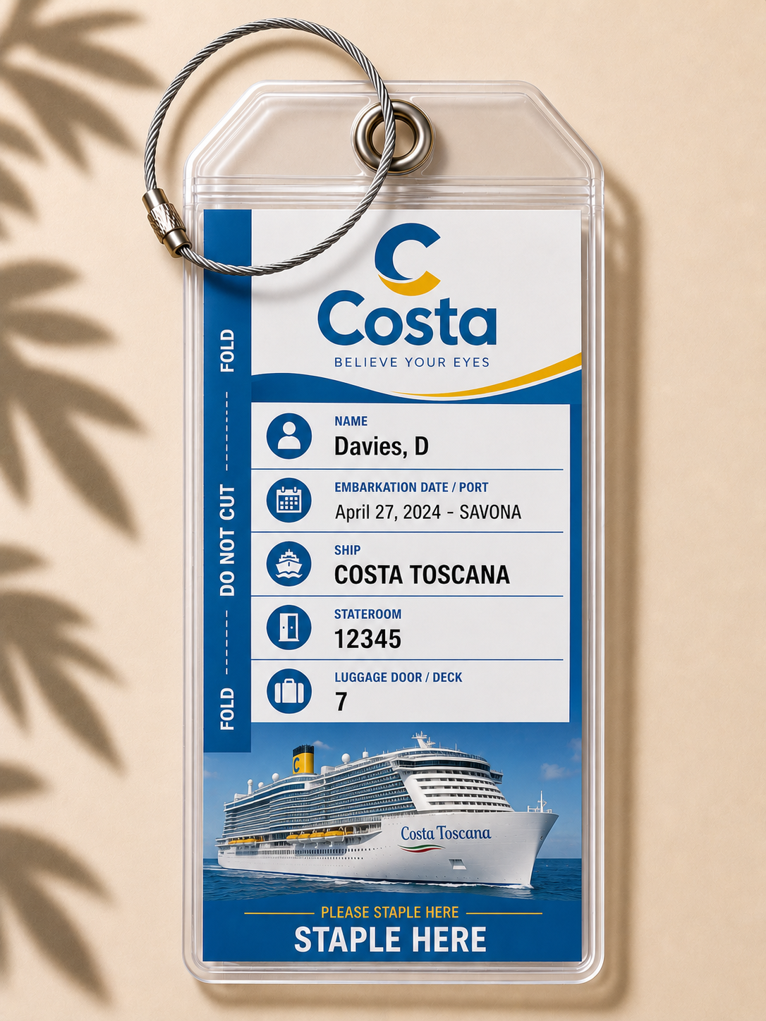 COSTA CRUISES Cruise Luggage Tag Holder - Clear Waterproof - Zip Seal and Steel Loop