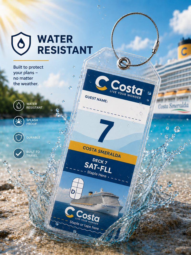 COSTA CRUISES Cruise Luggage Tag Holder - Clear Waterproof - Zip Seal and Steel Loop