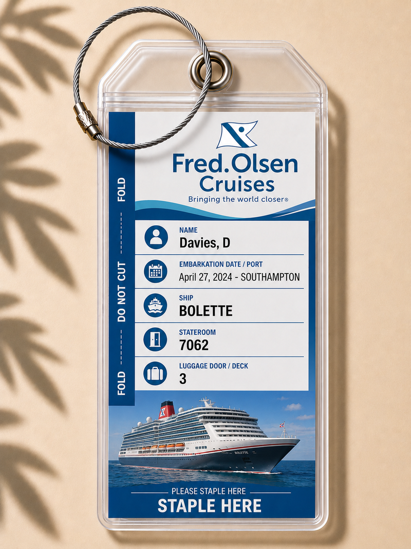 FRED OLSEN CRUISE LINE Luggage Tag Holder - Clear Waterproof - Zip Seal and Steel Loop