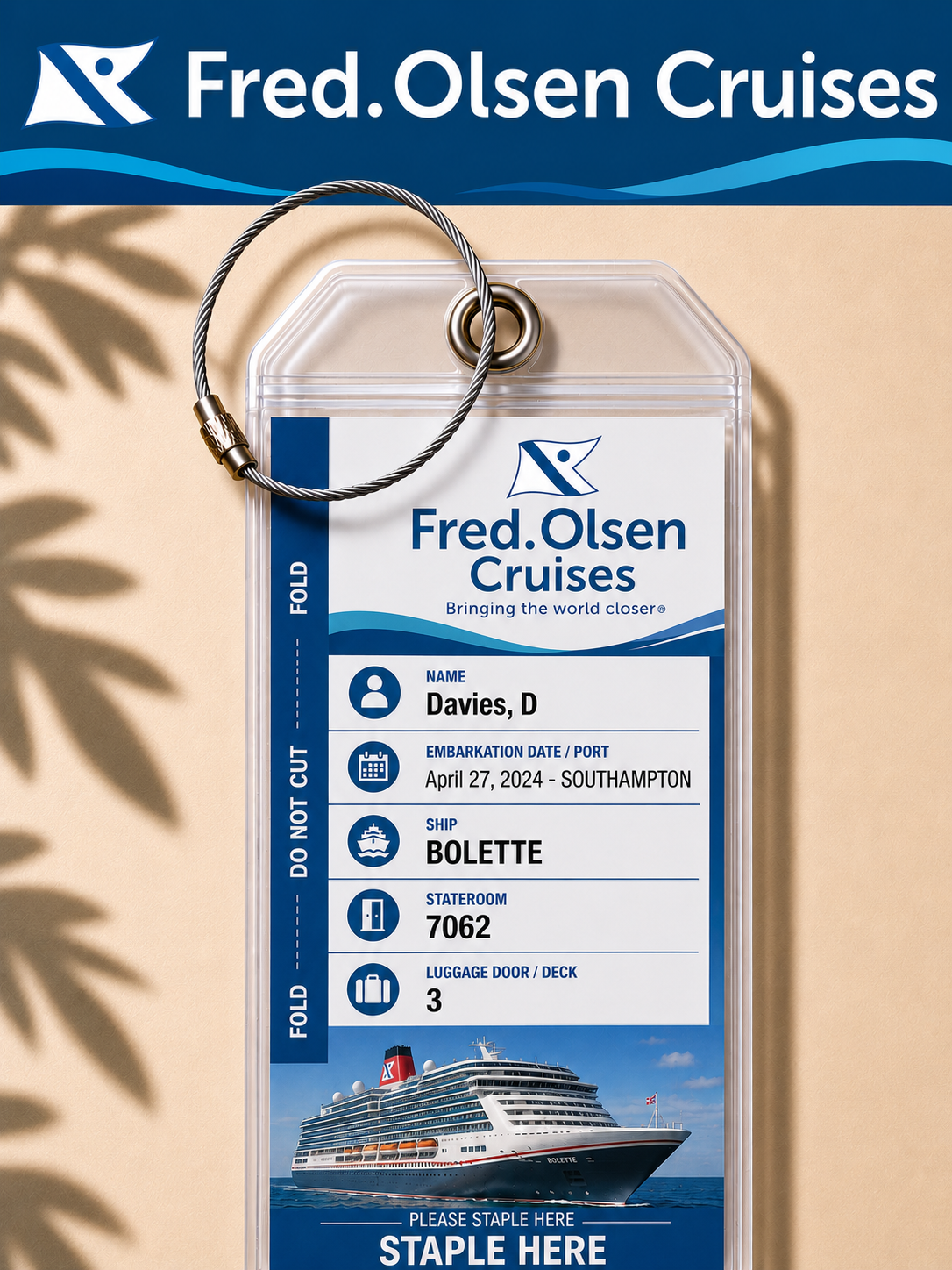 FRED OLSEN CRUISE LINE Luggage Tag Holder - Clear Waterproof - Zip Seal and Steel Loop