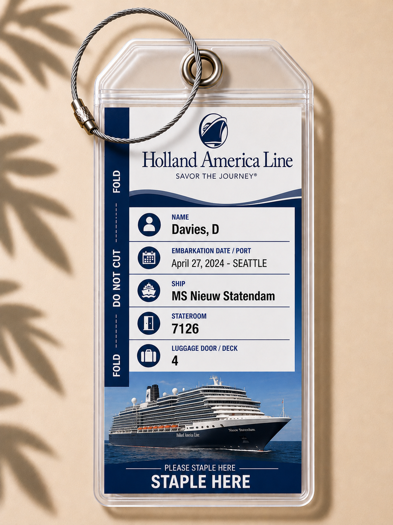 HOLLAND AMERICA LINE Luggage Tag Holder - Clear Waterproof - Zip Seal and Steel Loop