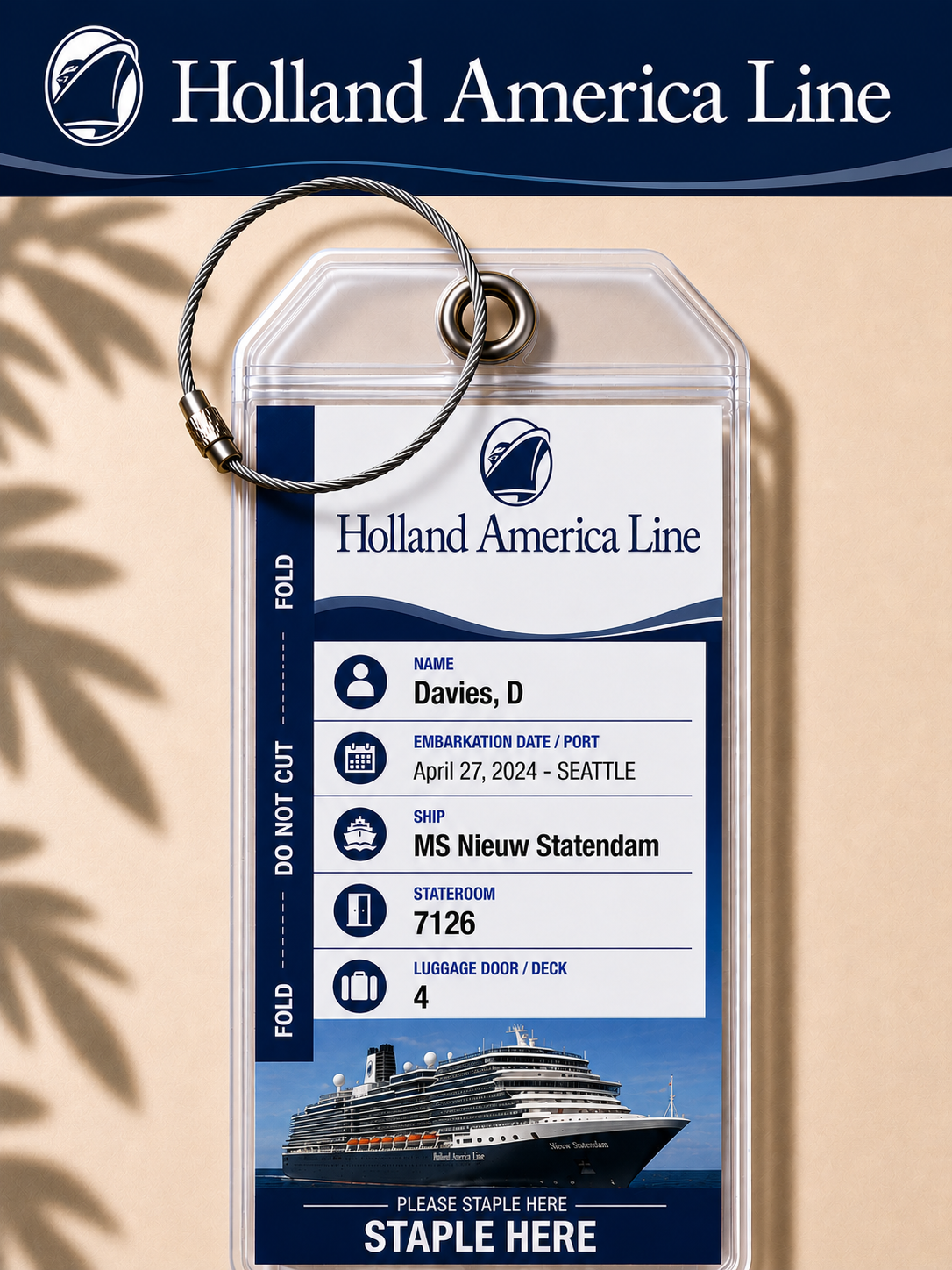 HOLLAND AMERICA LINE Luggage Tag Holder - Clear Waterproof - Zip Seal and Steel Loop