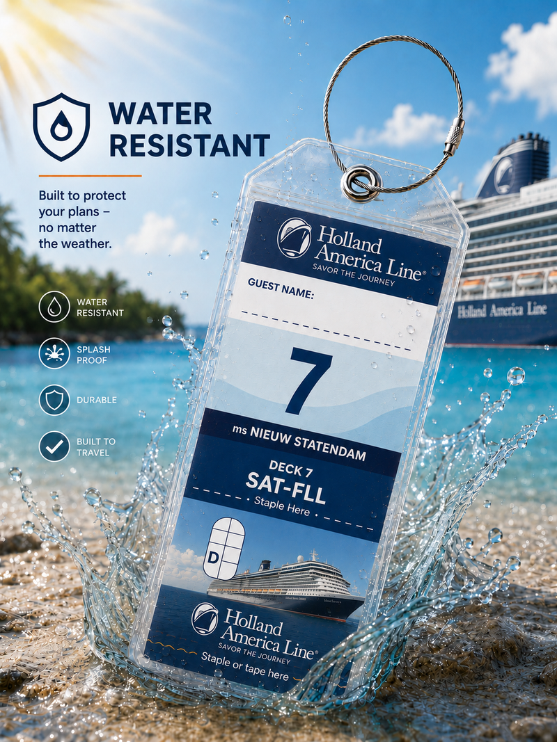 HOLLAND AMERICA LINE Luggage Tag Holder - Clear Waterproof - Zip Seal and Steel Loop
