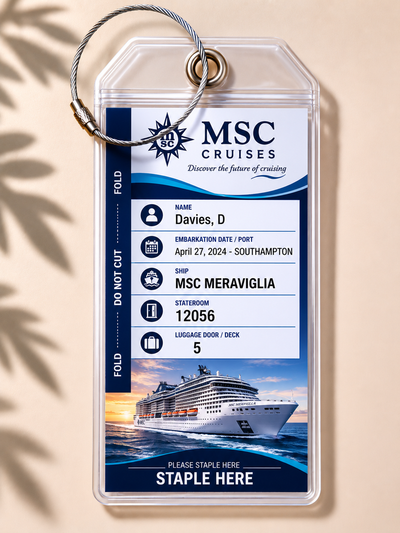 MSC CRUISES Luggage Tag Holder - Clear Waterproof - Zip Seal and Steel Loop