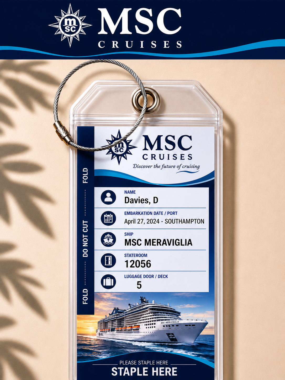MSC CRUISES Luggage Tag Holder - Clear Waterproof - Zip Seal and Steel Loop