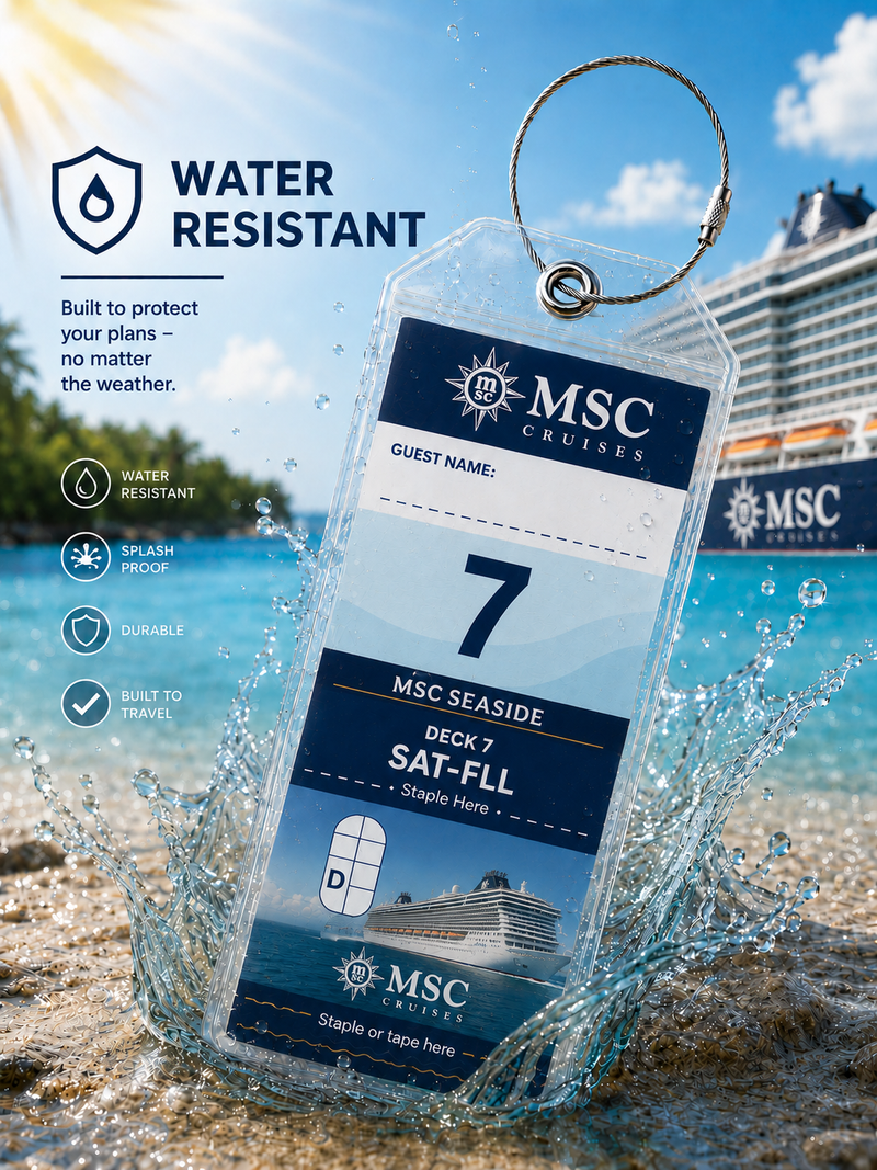 MSC CRUISES Luggage Tag Holder - Clear Waterproof - Zip Seal and Steel Loop