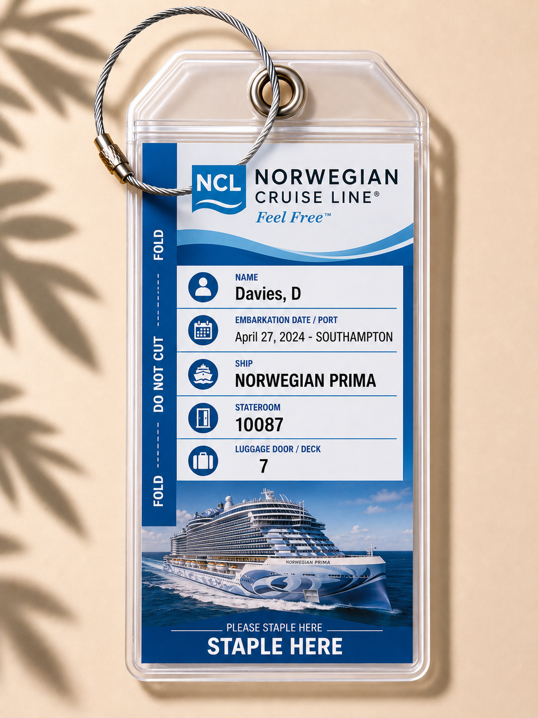NCL (Norwegian Cruise Line) Luggage Tag Holder - Clear Waterproof - Zip Seal and Steel Loop