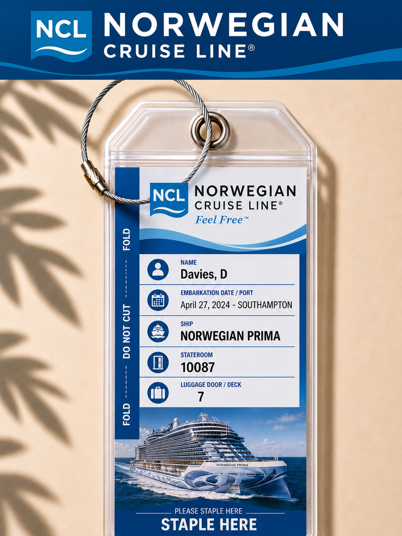 NCL (Norwegian Cruise Line) Luggage Tag Holder - Clear Waterproof - Zip Seal and Steel Loop