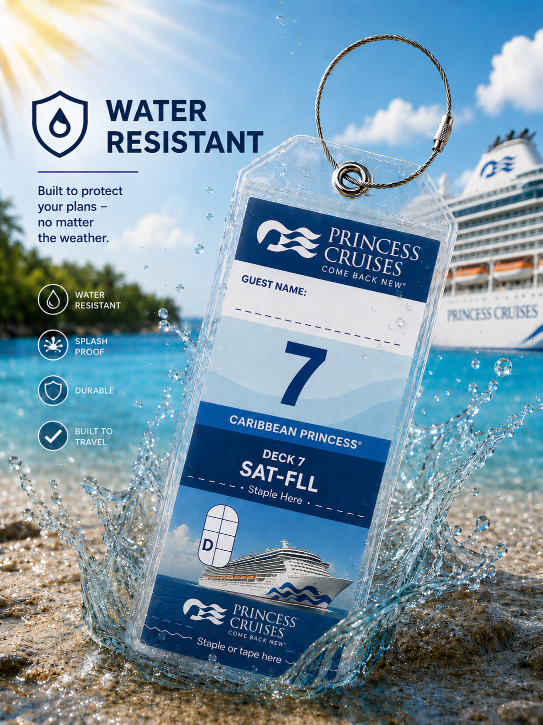 PRINCESS CRUISES Luggage Tag Holder - Clear Waterproof - Zip Seal and Steel Loop
