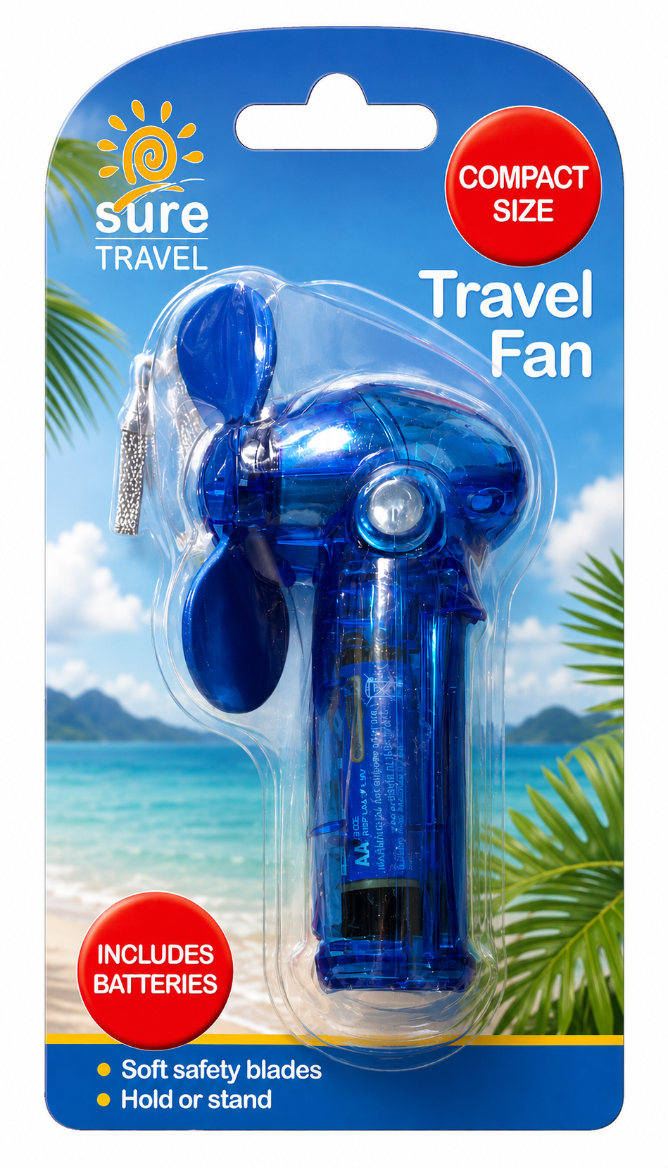Mini Travel Fan with Batteries - Sure Travel - Compact Size - Free Standing Base
