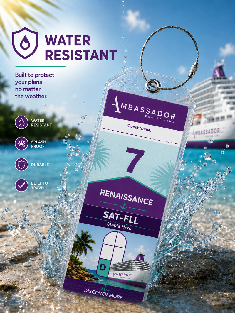 AMBASSADOR CRUISE LINES Luggage Tag Holder - Clear Waterproof - Zip Seal and Steel Loop