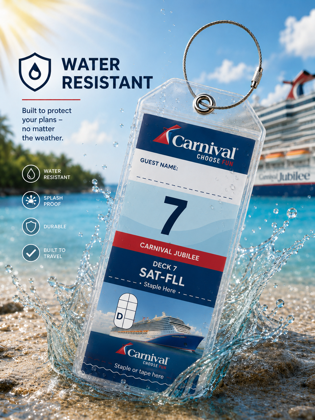 CARNIVAL CRUISE LINES Luggage Tag Holder - Clear Waterproof - Zip Seal and Steel Loop