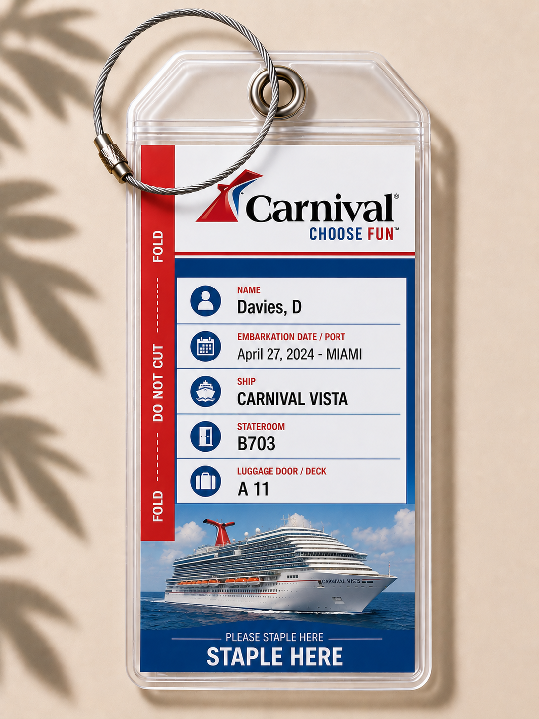 CARNIVAL CRUISE LINES Luggage Tag Holder - Clear Waterproof - Zip Seal and Steel Loop