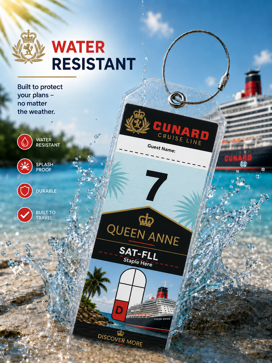CUNARD Luggage Tag Holder - Clear Waterproof - Zip Seal and Steel Loop