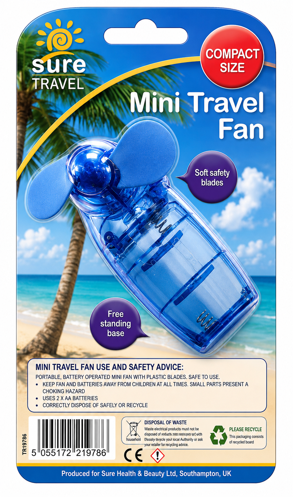 Mini Travel Fan with Batteries - Sure Travel - Compact Size - Free Standing Base