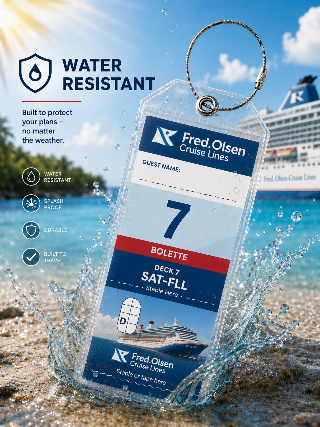FRED OLSEN CRUISE LINE Luggage Tag Holder - Clear Waterproof - Zip Seal and Steel Loop