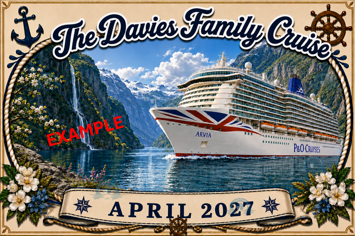 Personalised family cruise cabin door magnet example - P&O Arvia Norwegian Fjords April 2027