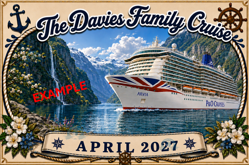 Personalised family cruise cabin door magnet example - P&O Arvia Norwegian Fjords April 2027