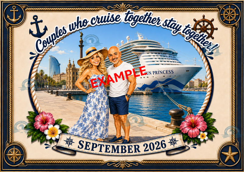 Personalised couples cruise cabin door magnet example - Sun Princess Barcelona September 2026