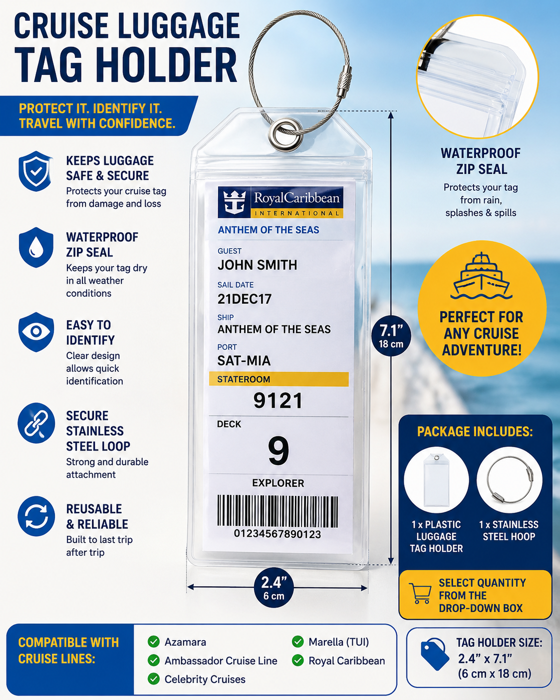 Cruise Luggage Tag Holder Clear Waterproof Zip Seal and Steel Loop for ROYAL CARIBBEAN