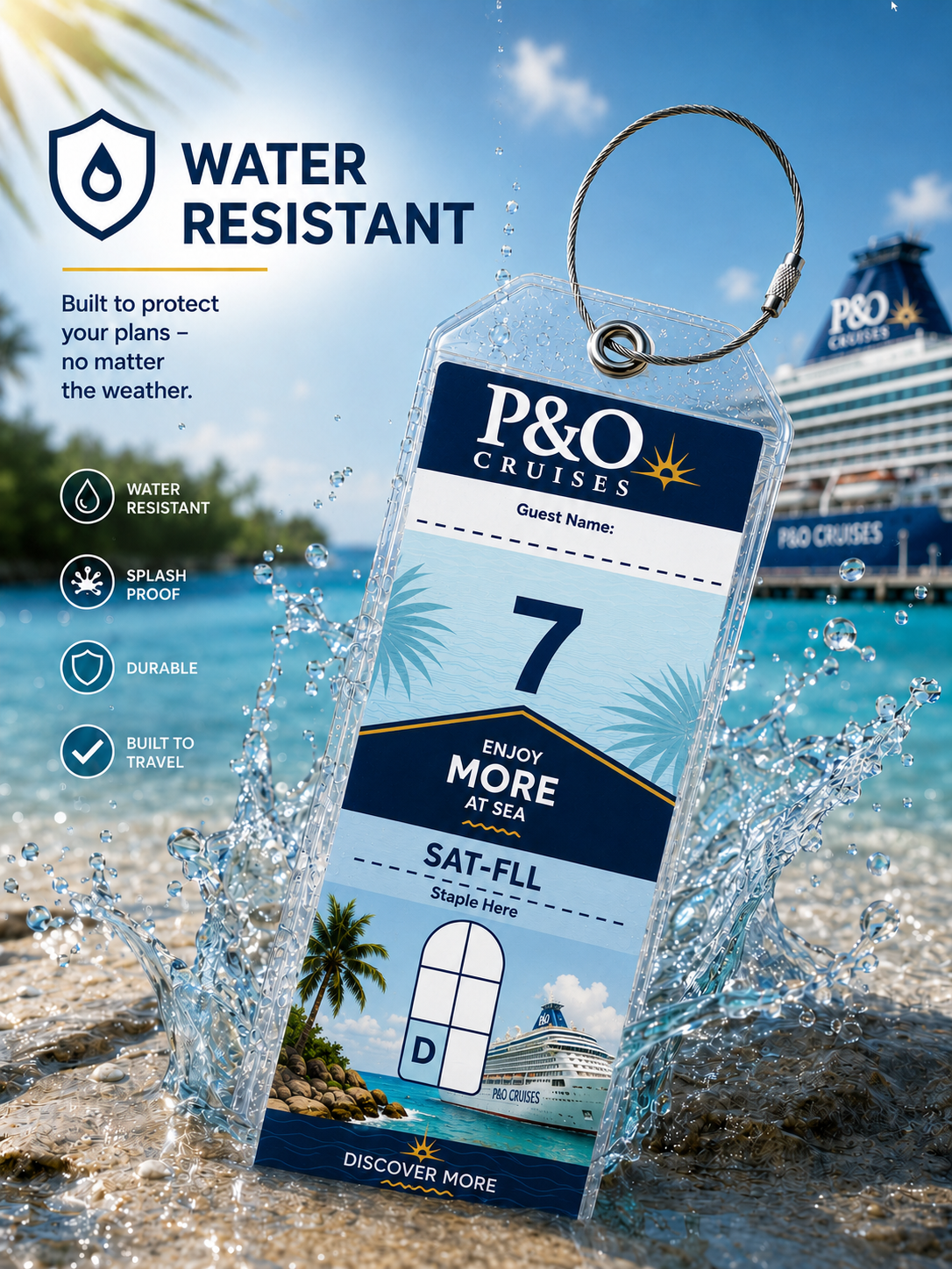 P&O CRUISES Luggage Tag Holder - Clear Waterproof - Zip Seal and Steel Loop