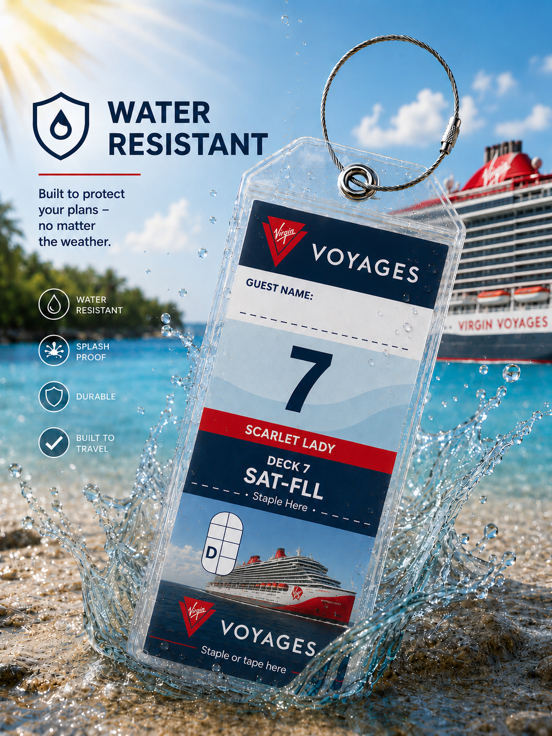 VIRGIN VOYAGES Luggage Tag Holder - Clear Waterproof - Zip Seal and Steel Loop